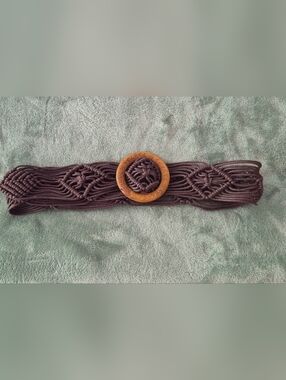 Brown Macramé Waist Belt with Carved Wooden Buckle